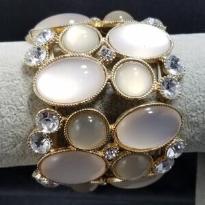 Rhinestone Stretch Bracelet, Wide Frosty Cream, 8 Inches, Gold Tone